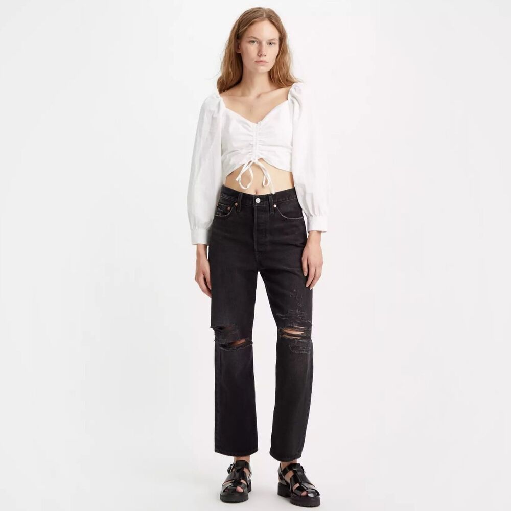 NWT $108 Levi's Ribcage Straight Ankle Black Distressed Jeans Cotton Women 30x27